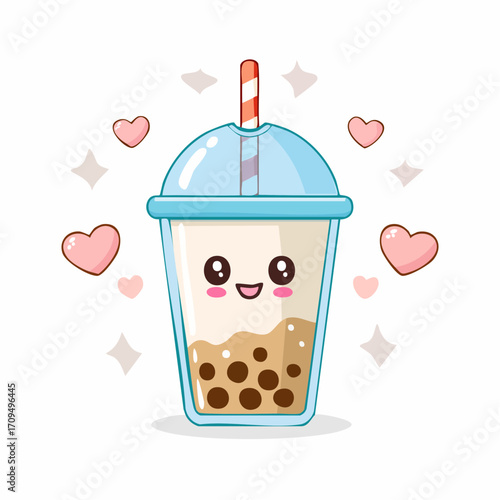 Adorable boba tea drink with happy face and hearts brings joy and sweet delight