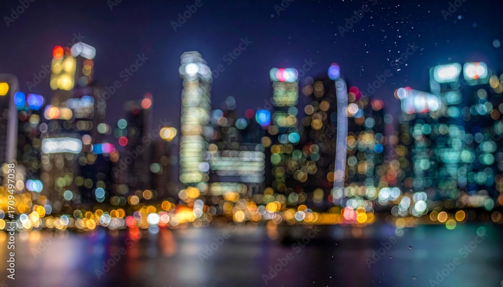 Naklejka premium Hong Kong's vibrant night cityscape with illuminated skyscrapers reflecting on the harbor