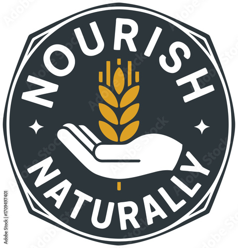 A logo with the words nourish naturally in a circle around a hand holding a wheat stalk design