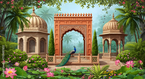 Beautiful indian garden with peacock and architecture illustration for background design use one hundred