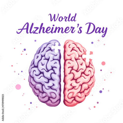 Flat vector illustration of a human brain with missing puzzle pieces and text World Alzheimer’s Day, symbolizing memory loss and dementia awareness on a clean white background