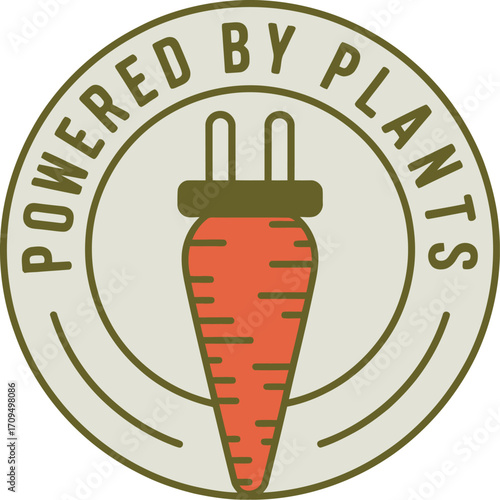 A circular emblem with the words powered by plants and a carrot with a plug on top in the center