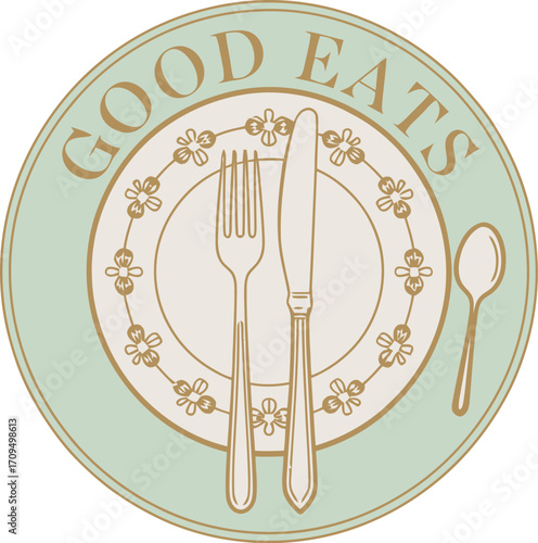 Good eats plate with fork knife and spoon surrounded by flower design on a light green background