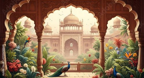 Indian palace garden with peacocks and parrots beautiful architecture and nature illustration art