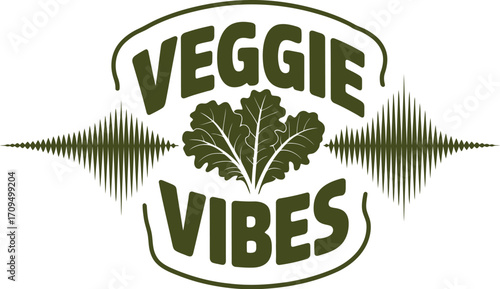 A logo depicting the words veggie vibes with lettuce leaves and sound waves in a green color scheme