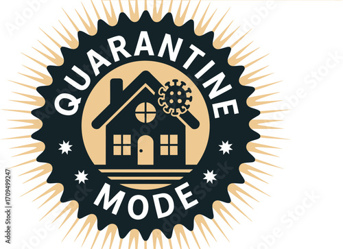 A quarantine mode emblem featuring a house with a virus icon inside a jagged circular border design