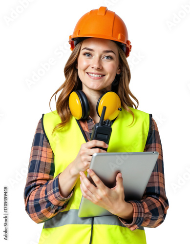 Construction site worker with tablet and radio wears safety gear in bright yellow vest and helmet