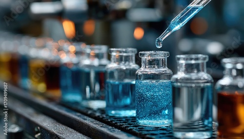 Wallpaper Mural Droplet dispensed into small glass bottles on a conveyor belt Torontodigital.ca