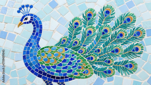 Vibrant Peacock Mosaic Artwork Featuring Intricate Blue and Green Tile Patterns