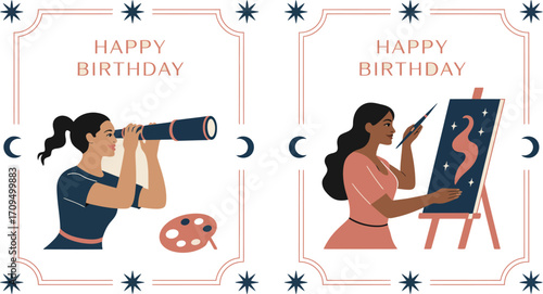 Two happy birthday cards showing a woman with a telescope and another painting on an easel art