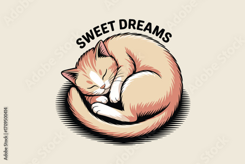 A cartoon illustration of a light orange cat curled up asleep with the words sweet dreams above it