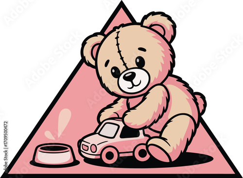 A cartoon illustration of a teddy bear playing with a toy car next to a bowl in a pink triangle