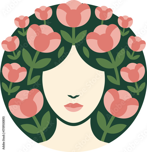 Illustration of a woman with floral hair and a green background in a circular vector design art