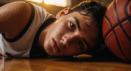 Young basketball player exhausted after a game, lying on the court with a basketball