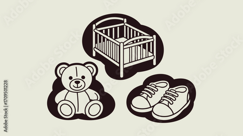 Illustration featuring a baby crib, a teddy bear, and a pair of baby shoes on a light background