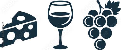 Illustration of a wedge of cheese, a wine glass filled with liquid, and a bunch of grapes on white