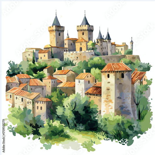 Carcassonne. Carcassonne watercolor vector illustration
