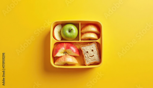 Colorful kid's lunchbox with fresh fruit and bread.