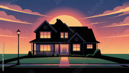 Sunset home illustration of house exterior residential building with warm light and beautiful sky design