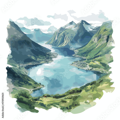 Geirangerfjord. Geirangerfjord watercolor vector illustration