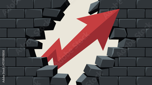 Red arrow breaking through a dark brick wall, symbolizing overcoming obstacles and achieving success
