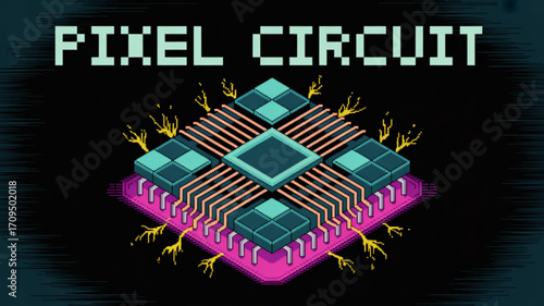 Pixel art circuit board illustration with retro computer chip design for technology enthusiasts and designers