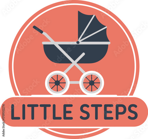 A logo featuring a stylized baby carriage inside a circle with the words little steps below it in a banner