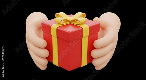 A hand giving a surprise red gift box wrapped with a gold ribbon for a Christmas or holiday celebration