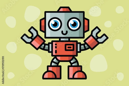 A cartoon robot with a gray head, red body, blue eyes, and a happy expression on a light green background