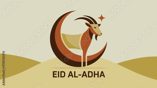 Illustration of a goat standing in front of a crescent moon with a star, eid al adha celebration