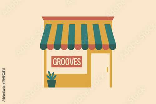 Illustration of a small shop with a striped awning and the word grooves on a sign in the window