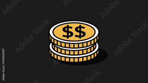 A simple illustration of a stack of two gold coins with dollar signs on a dark gray background art