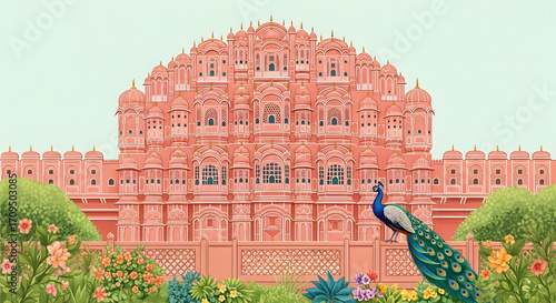 Pink hawa mahal palace jaipur india travel tourism architecture landmark with peacock and garden view