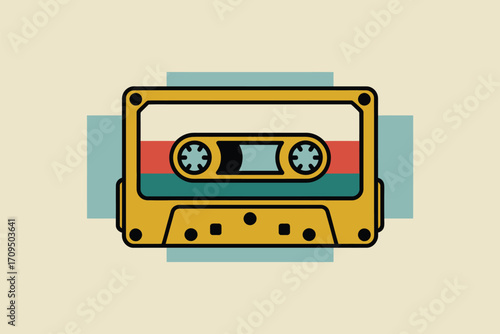 A retro style illustration of a yellow cassette tape with red and teal stripes on a light background