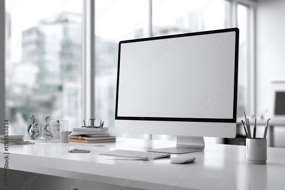 Fototapeta premium blurred background of a modern office interior with a white desk and computer monitor mockup, a minimalist work space for a graphic designer or web developer, with copy space.