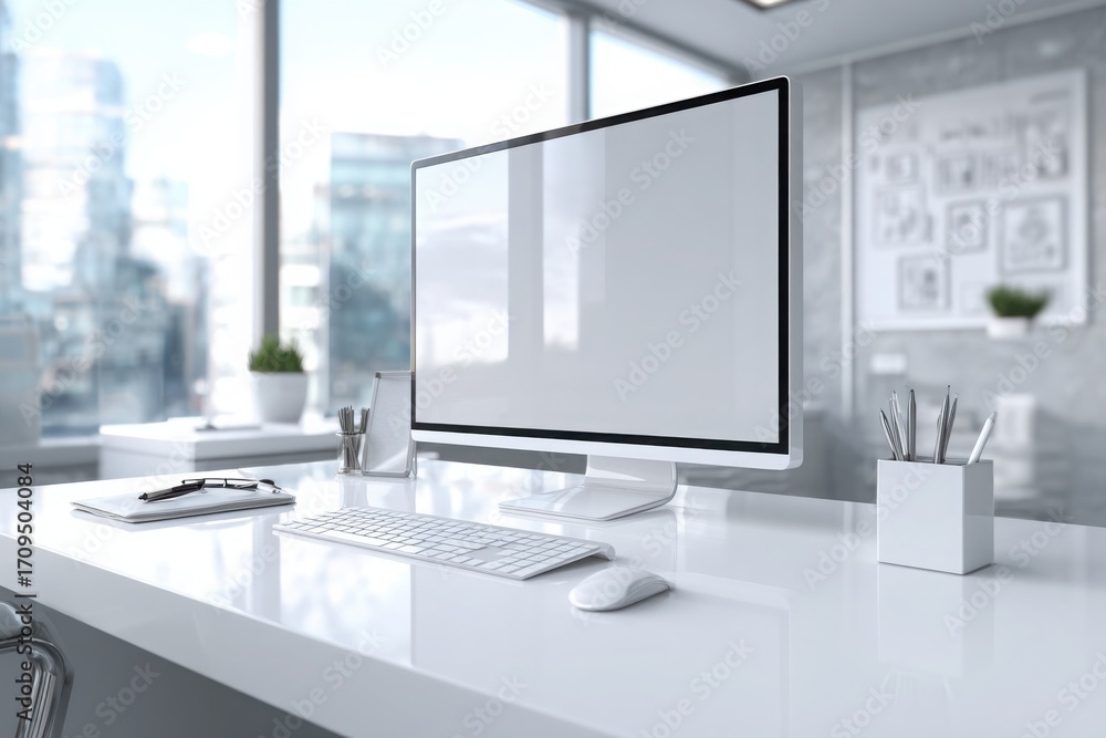 Fototapeta premium blurred background of a modern office interior with a white desk and computer monitor mockup, a minimalist work space for a graphic designer or web developer, with copy space.