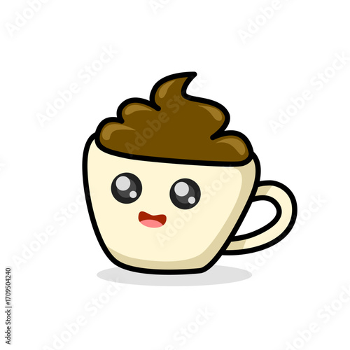 Cute cartoon coffee cup smiles sweetly its frothy brown topping a delicious delight.