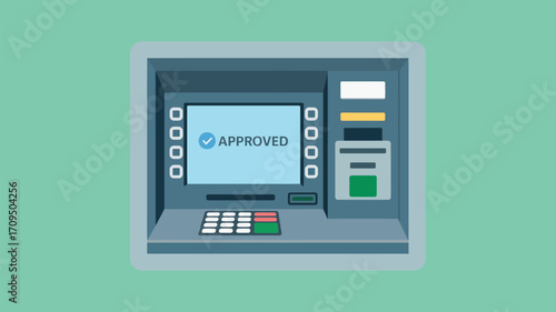 Illustration of an atm machine with an approved message displayed on the screen and keypad below it