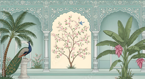 Vintage mughal garden wallpaper mural with peacock and floral tree wall decor for home interior design