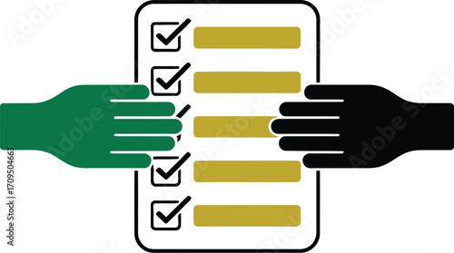 A checklist with checkmarks and yellow bars being held by a green and a black hand illustration