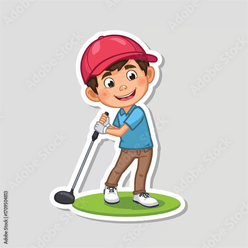 Young boy in hat smiling with golf club, suitable for sports, youth, recreation, outdoor activities, and summer themed designs.