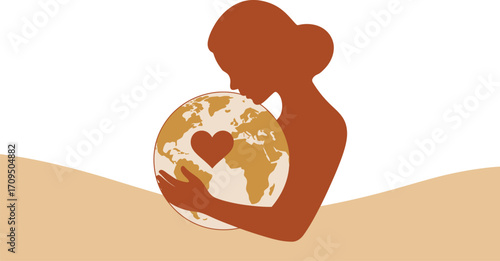 Silhouette of a woman embracing a globe with a heart symbol on it against a neutral background