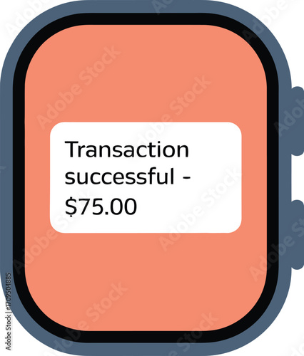 A smartwatch displaying a transaction successful message for seventy five dollars on an orange screen
