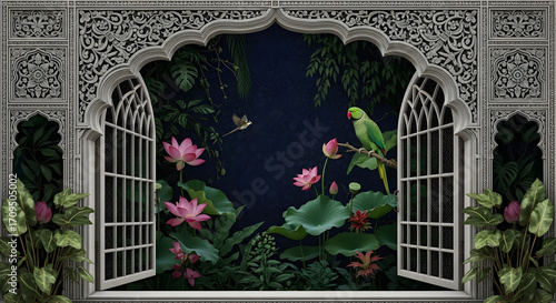Decorative window view with parrot and lotus flowers wallpaper mural home decor and interior design ideas