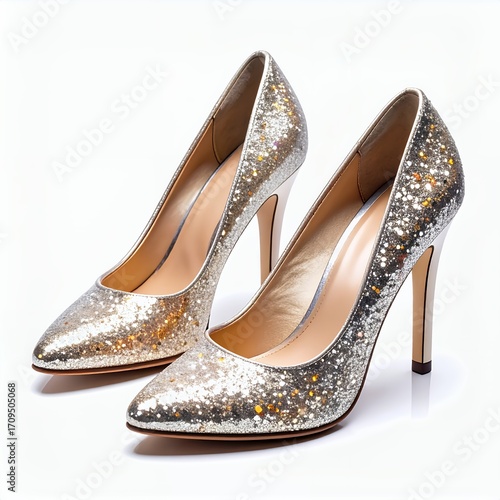 Sparkling pumps elegantly presented on a clean backdrop, showcasing their shimmer