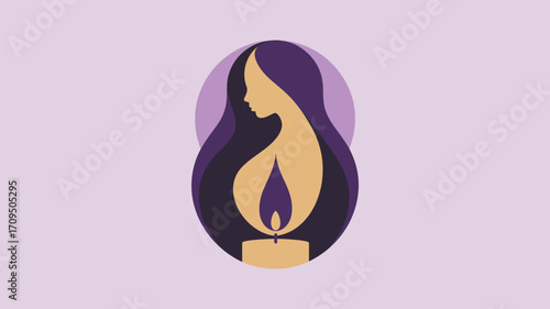 Silhouette of a woman with long hair and a candle flame in front of her on a light purple background