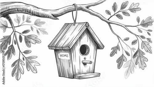 Illustration of a hanging wooden birdhouse on a tree branch with leaves and home sign art drawing