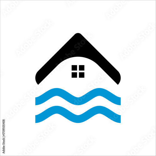 house with wave logo concept suitable for real estate or thermal bath emblem