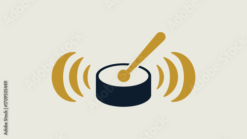 Illustration of a drum with a drumstick hitting it, surrounded by sound waves on a light background