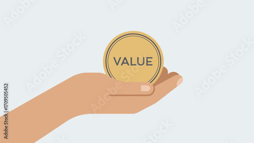 A cartoon hand holding a gold coin with the word value written on it against a plain white background
